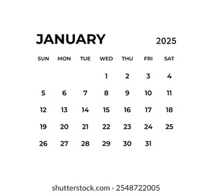 January calendar template for 2025 year. Wall calendar in a minimalist style. Week Starts on Monday.