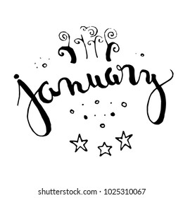 January Calligraphy Text, Typography, Black, On White Background