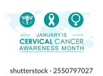 January is Cervical Cancer Awareness Month vector. Cervical cancer teal awareness ribbon icon vector isolated on a white background. Suitable for banners, posters, card and social media posts.