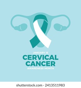 January is Cervical Cancer Awareness Month poster vector illustration. Cervical cancer teal and white awareness ribbon and uterus icon vector. Women's reproductive health symbol. Important day