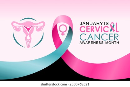 January is Cervical Cancer Awareness Month vector. Cervical cancer teal awareness ribbon icon vector isolated on a pink background. Suitable for banners, posters, card and social media posts.