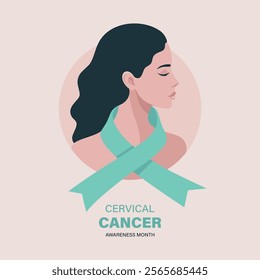 January Cervical Cancer Awareness Month. Portrait Of Young Woman Wearing Teal Ribbon Scarf , Cervical Cancer Awareness. Womens Health, Cancer Support, Empowerment, Health Campaign. Vector Illustration