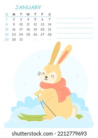 January children's vertical calendar 2023 with an illustration of a cute rabbit on skis. 2023 is the year of the rabbit. Vector winter illustration of the calendar page.