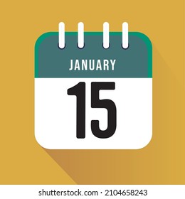 January day 15. Number fifteen on a white paper with green border on a yellow background calendar sheet. Vector illustration.