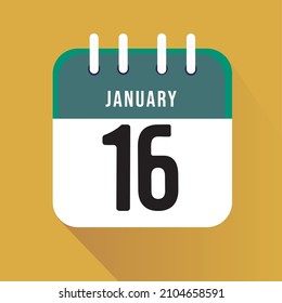 January day 16. Number sixteen on a white paper with green border on a yellow background calendar sheet. Vector illustration.