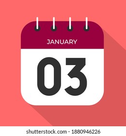Día del calendario 3. Número tres en un libro blanco con borde de color de vino sobre el vector de fondo rosado.