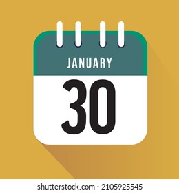 January day 30. Number thirty on a white paper with green border on a yellow background calendar sheet. Vector illustration.