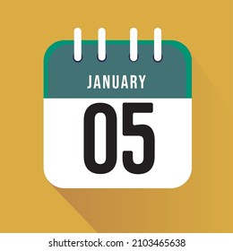 January day 5. Number five on a white paper with green border on a yellow background calendar sheet. Vector illustration.