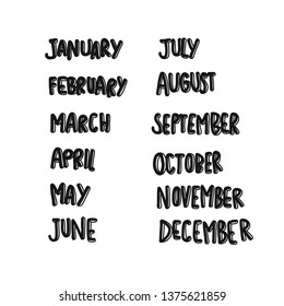 January to December month comic style lettering vector illustration