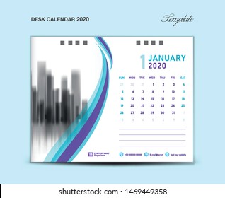 January, Desk Calendar 2020 template vector illustration, Week starts Sunday, planner, month artwork, printing media, Blue and purple concept