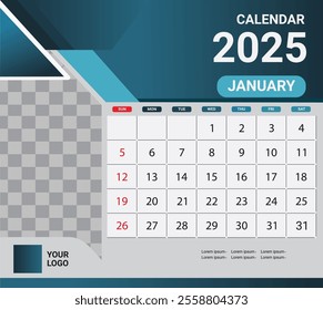 January desk calendar for 2025 year on blue color background.
