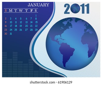 January - the Earth blue calendar for 2011, weeks starts on Sunday. Business Calendar.
