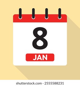 January Eighth. Calendar Page Vector. Red, White and Yellow. Date Illustration. Time Concept. Jan 8th.