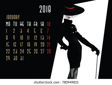 January. European calendar with fashion girl in style Pop art.
