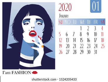 January. Сalendar with fashion girl in style Pop art.