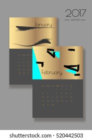 January, February 2017 vector calendar. Creative image on a gold foil background. Can be used as printed or screen image.
