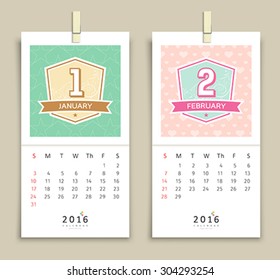 January and February Calendar design background, vector illustration