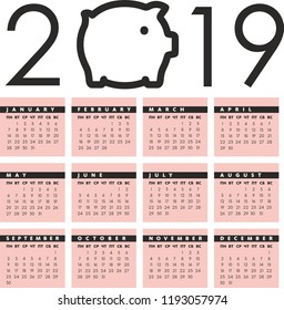 January, February, March, April, May, June, July, August, September, October, November, December. Calendar for 2019