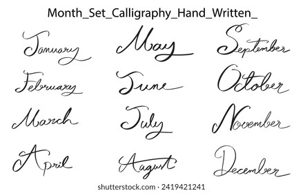 january february march april may june july august september october november december 12 twelve month calligraphy hand written text font black dark colour symbol sign decoration ornament planner  2025