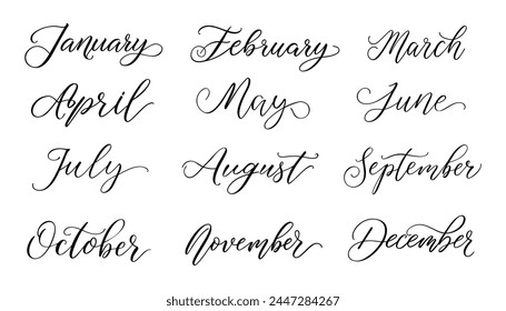 January, February, March, April, May, June, July, August, September, October, November, December - Set of month names Handwritten text in calligraphic style on a white background