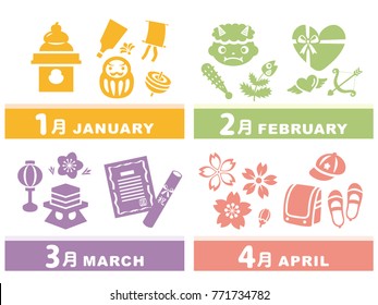 January, February, March and April traditional events in Japan./"January", "February", "March" and "April"  are written in Japanese.