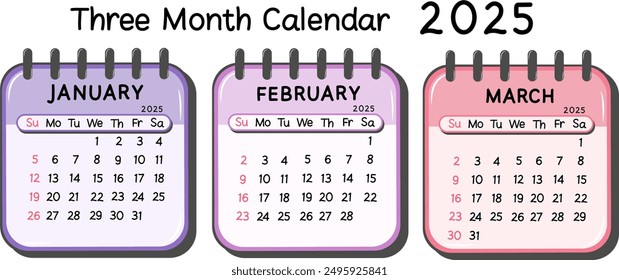 Enero Febrero Marzo. Calendarios del primer trimestre de 2025. Ilustración vectorial de Calendario de tres meses con color pastel y diseño simple.