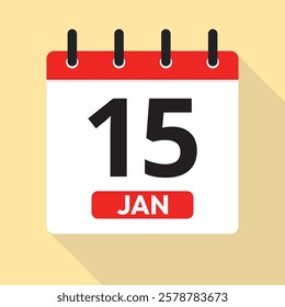 January Fifteenth. Calendar Page Vector. Red, White and Yellow. Date Illustration. Time Concept. Jan 15th.