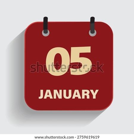 january fifth date calendar icon with red theme and long shadow for personal event organizer