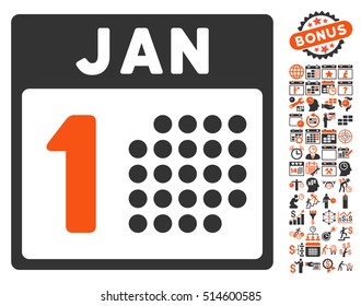 January First icon with bonus calendar and time management pictures. Vector illustration style is flat iconic bicolor symbols, orange and gray colors, white background.