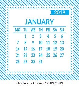 January. First page of set. Calendar 2019, template. Week starts from Monday. Vector illustration