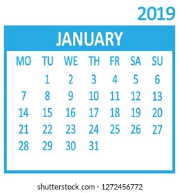 January. First page of set. Calendar 2019, template. Week starts from Monday. Vector illustration