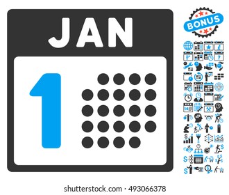 January First pictograph with bonus calendar and time management pictures. Vector illustration style is flat iconic bicolor symbols, blue and gray colors, white background.