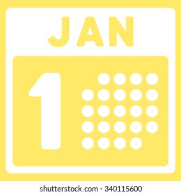 January First vector icon. Style is flat symbol, white color, rounded angles, yellow background.