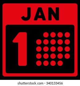 January First vector icon. Style is flat symbol, red color, rounded angles, black background.