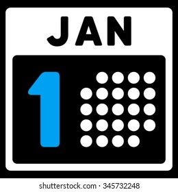 January First vector icon. Style is bicolor flat symbol, blue and white colors, rounded angles, black background.