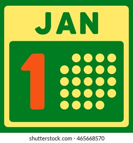 January First vector icon. Style is bicolor flat symbol, orange and yellow colors, rounded angles, green background.