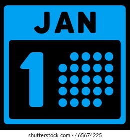 January First vector icon. Style is flat symbol, blue color, rounded angles, black background.