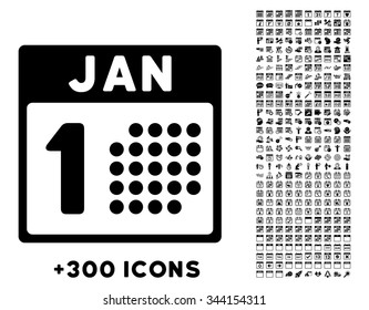 January First vector pictogram with additional 300 date and time management icons. Style is flat symbols, black color, rounded angles, white background.