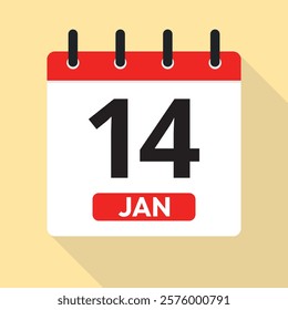 January Fourteenth. Calendar Page Vector. Red, White and Yellow. Date Illustration. Time Concept. Jan 14th.