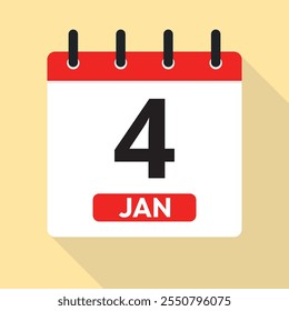 January Fourth. Calendar Page Vector. Red, White and Yellow. Date Illustration. Time Concept. Jan 4th.