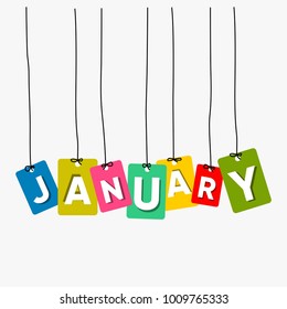 January hanging words vector illustration, colourful words vector, name of month vector isolated on white background