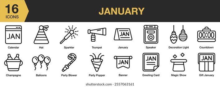 January icon set. Includes trumpet, speaker, banner, party popper, magic show, countdown, and More. Outline icons vector collection.