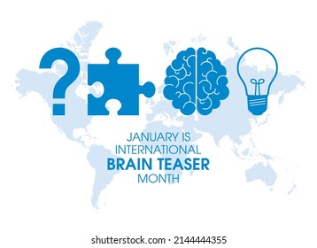 January is International Brain Teaser Month vector. Question mark, puzzle, human brain, bulb blue icon set. Mental stimulation design element. Important day