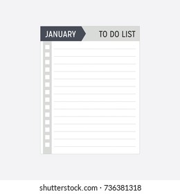 January List, January To Do List, Ready To Print, January Monthly, Yearly Calendar, To Do List Note Pad, Note Pad Icon, Lined Paper, Grocery List, Vector Illustration Background