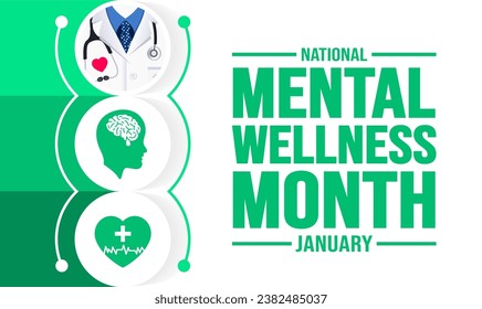 Enero es la plantilla de fondo Mental Wellness Month. Concepto de vacaciones. plantilla de diseño de fondo, pancarta, carteles, tarjetas y afiches con inscripción de texto y color estándar. ilustración vectorial.