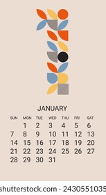 January month 2024 calendar template. Geometric planner design, desk calendar, wall calendar, minimal style. Simple vector illustration