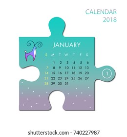 January month bright calendar of 2018 year in vector on puzzle piece. Calendar template of 2018 year. Week starts from sunday