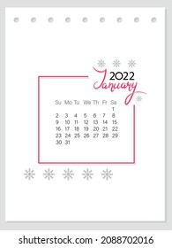 January month. Calendar 2022 year. Calender layout. Week starts Sunday. Vertical calendar page.