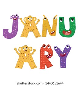 January month cute monster type design vector