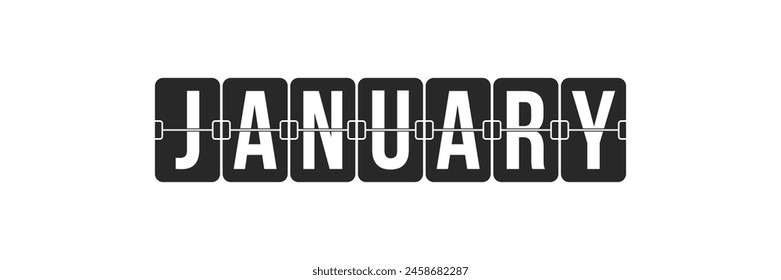 January month name flip board. Retro style analog clock plates. Divided scoreboard cards. Word by letters.